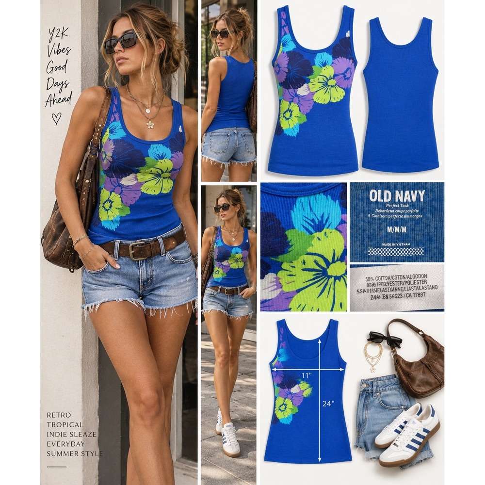Old Navy M 2011 Blue Floral Tank Top Y2K Indie Sleaze Tropical 2010s Retro Surf